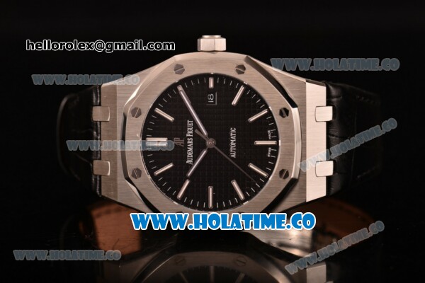 Audemars Piguet Royal Oak 41MM Clone AP Calibre 3120 Automatic Steel Case with Black Dial Black Leather Strap - Stick Markers (EF) - Click Image to Close